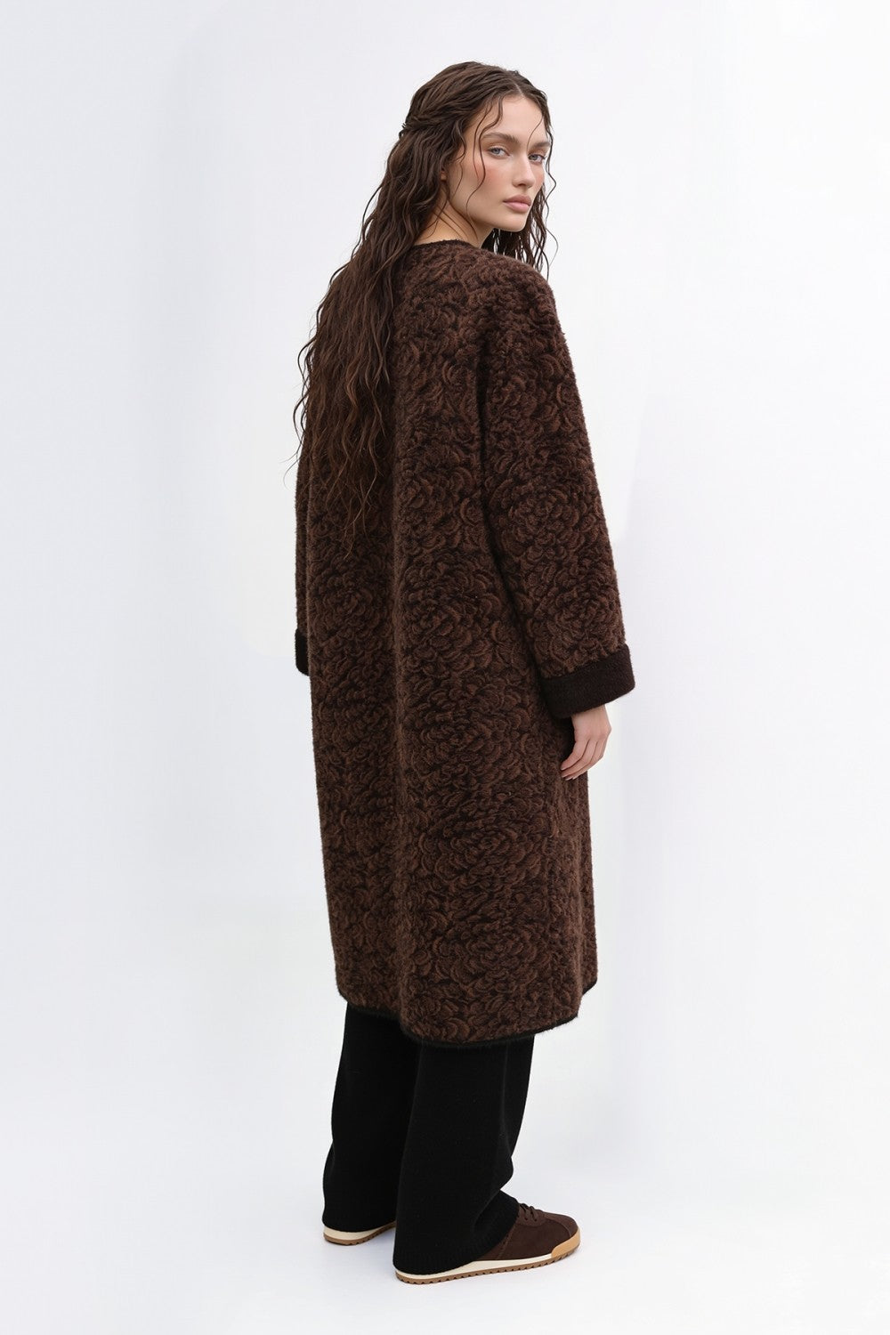 Floral Bouclé Embellished Coat Coffee