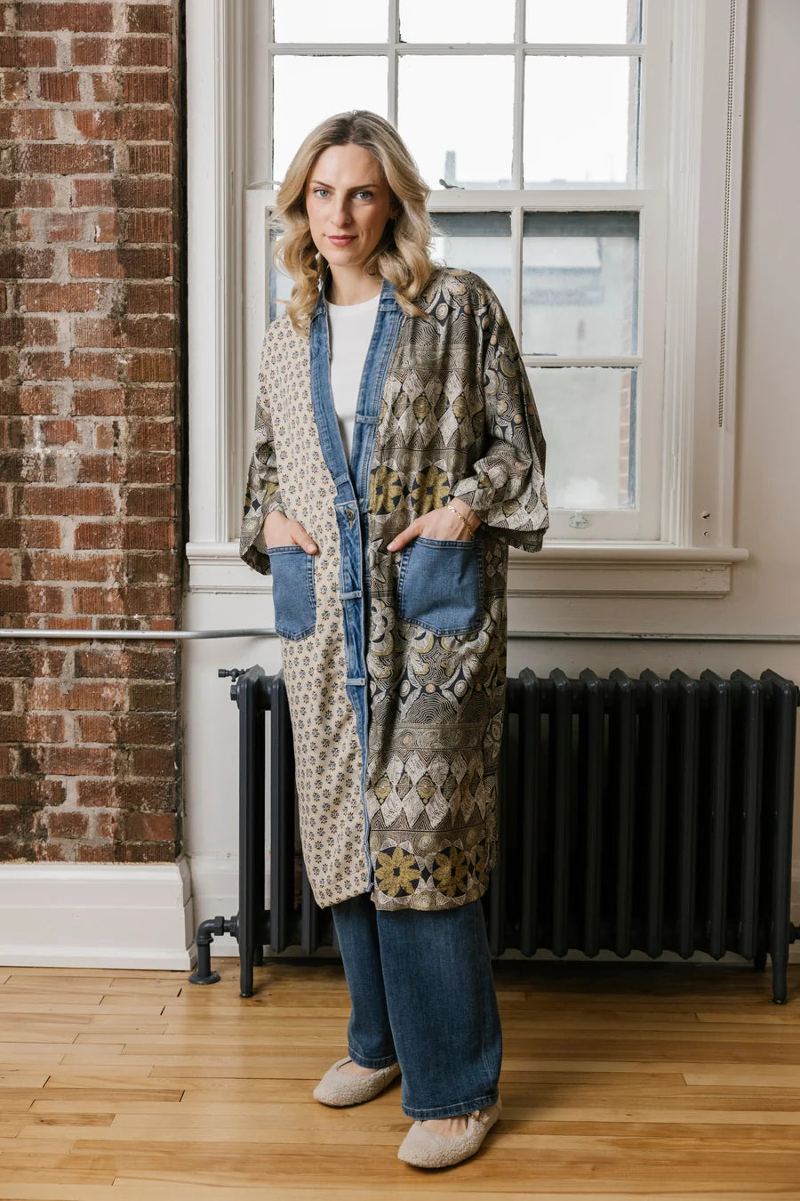 Janis Mixed Fabric Denim Cardigan Soul Flower