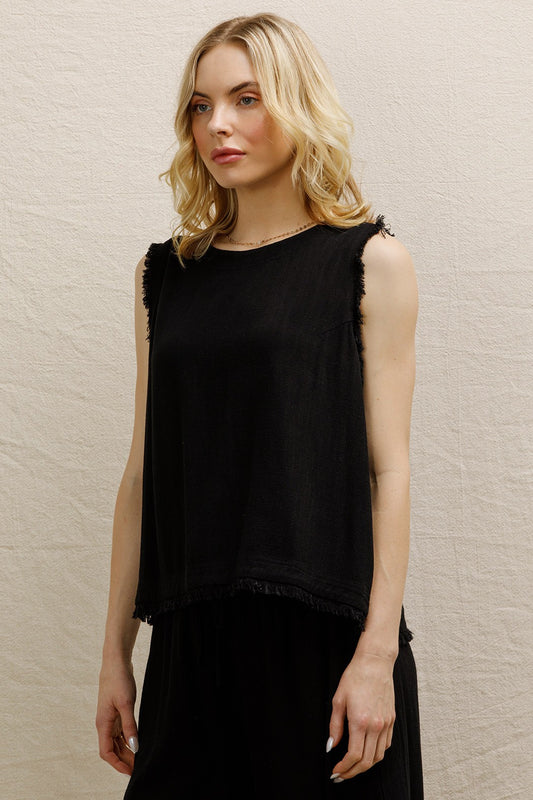 Back Button Detail Sleeveless Top Black