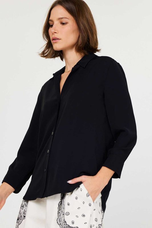 3/4 Sleeve Button Down Blouse Black