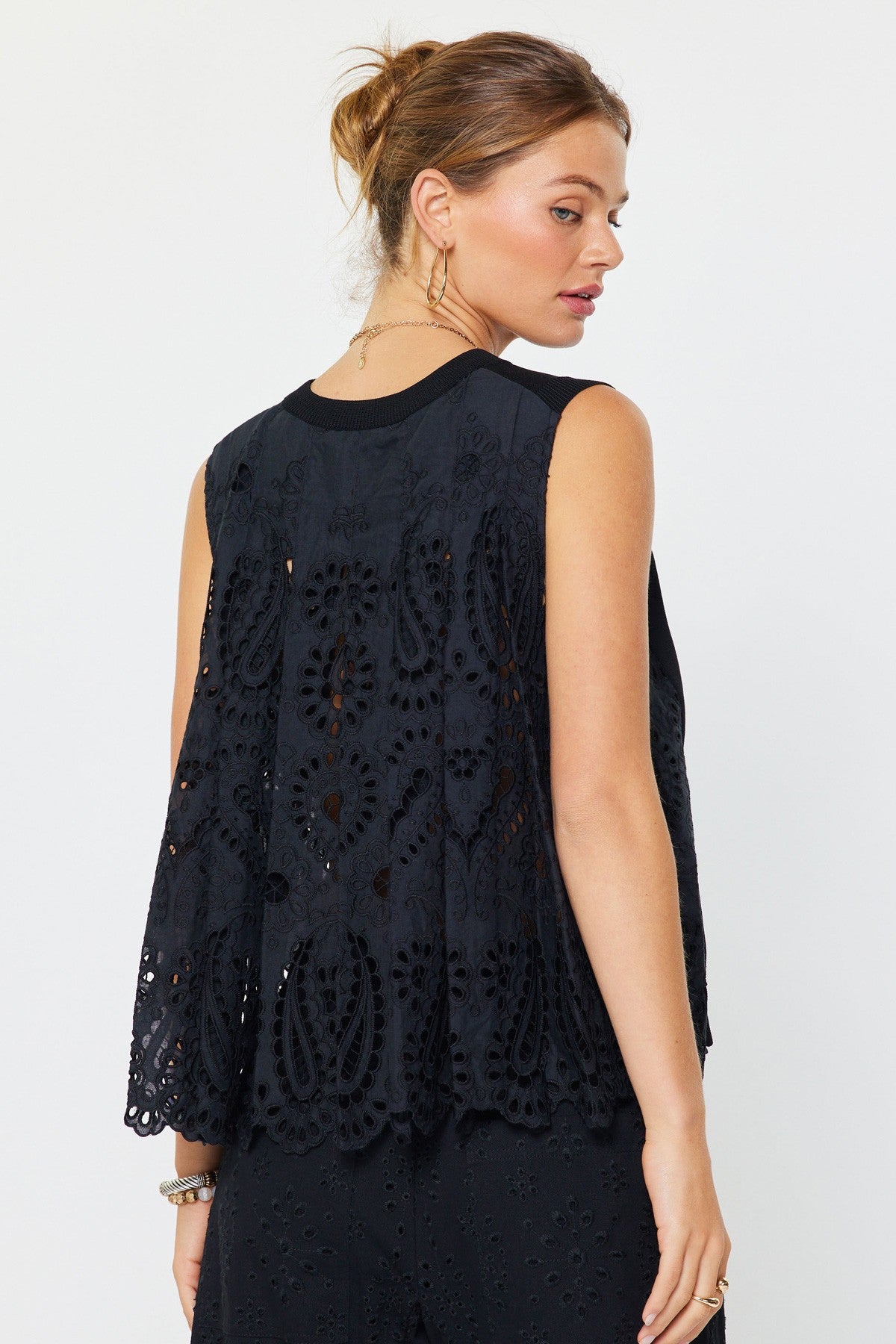 Pleated Eyelet Back Sleeveless Top