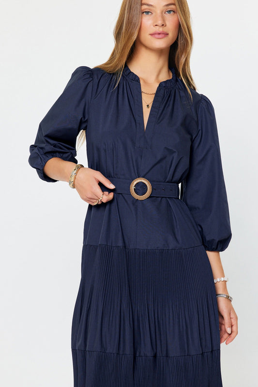 Pleated Tiered Midi Dress with Belt
