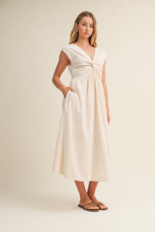 Twisted Knot Bodice A-line Dress Ecru