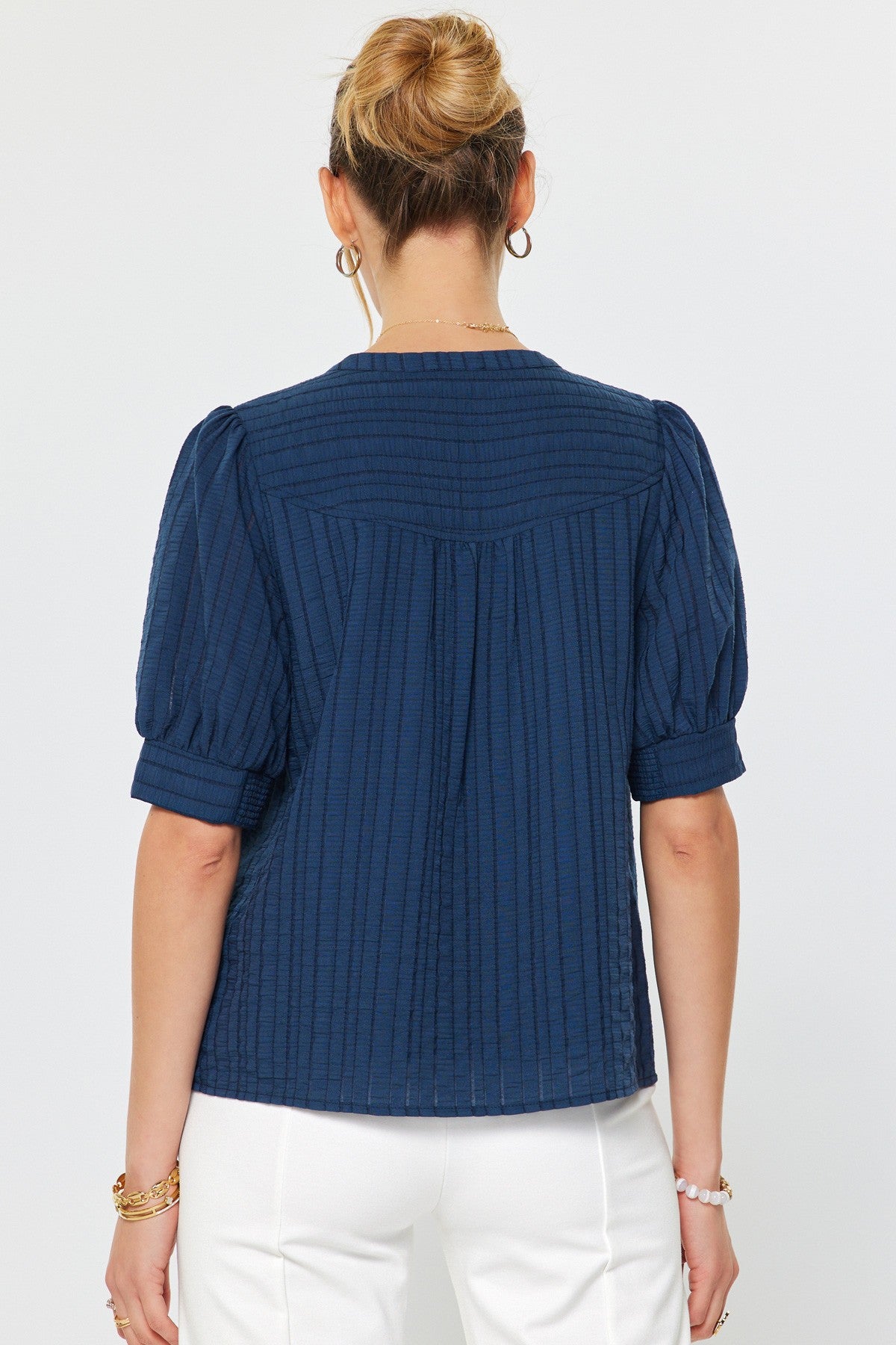 Textured Short Sleeve Blouse Navy