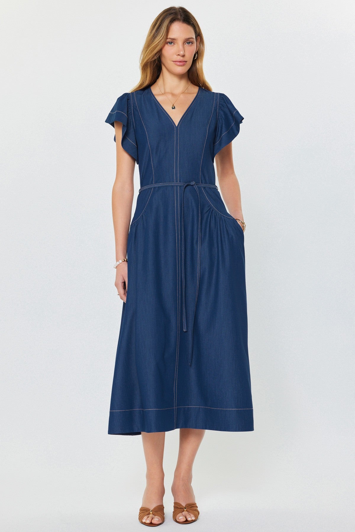 Denim Ruffled Sleeve V-neck Midi Dress