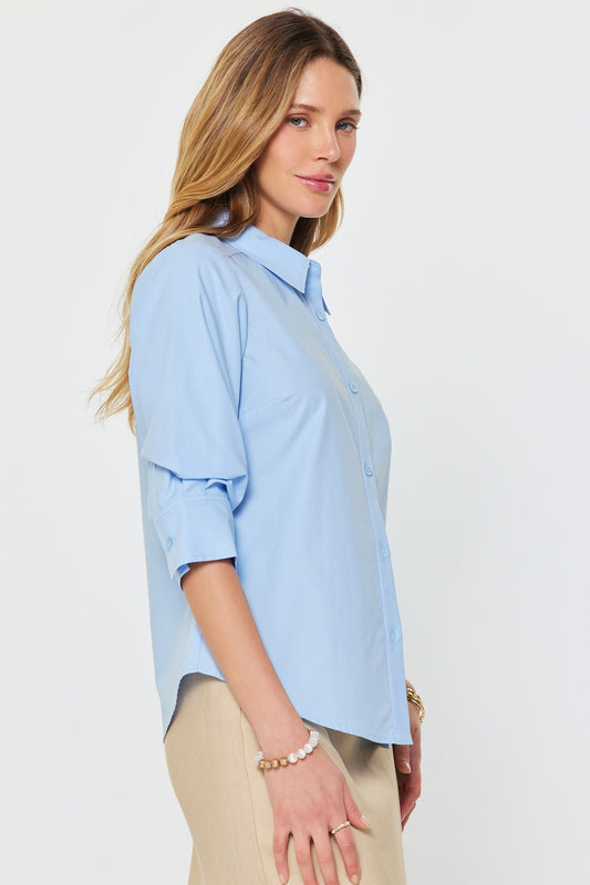 3/4 Sleeve Button Down Shirt Pale Blue
