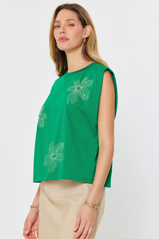 Embroidered Cotton Sleeveless Top Green