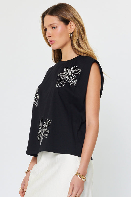 Embroidered Cotton Sleeveless Top Black