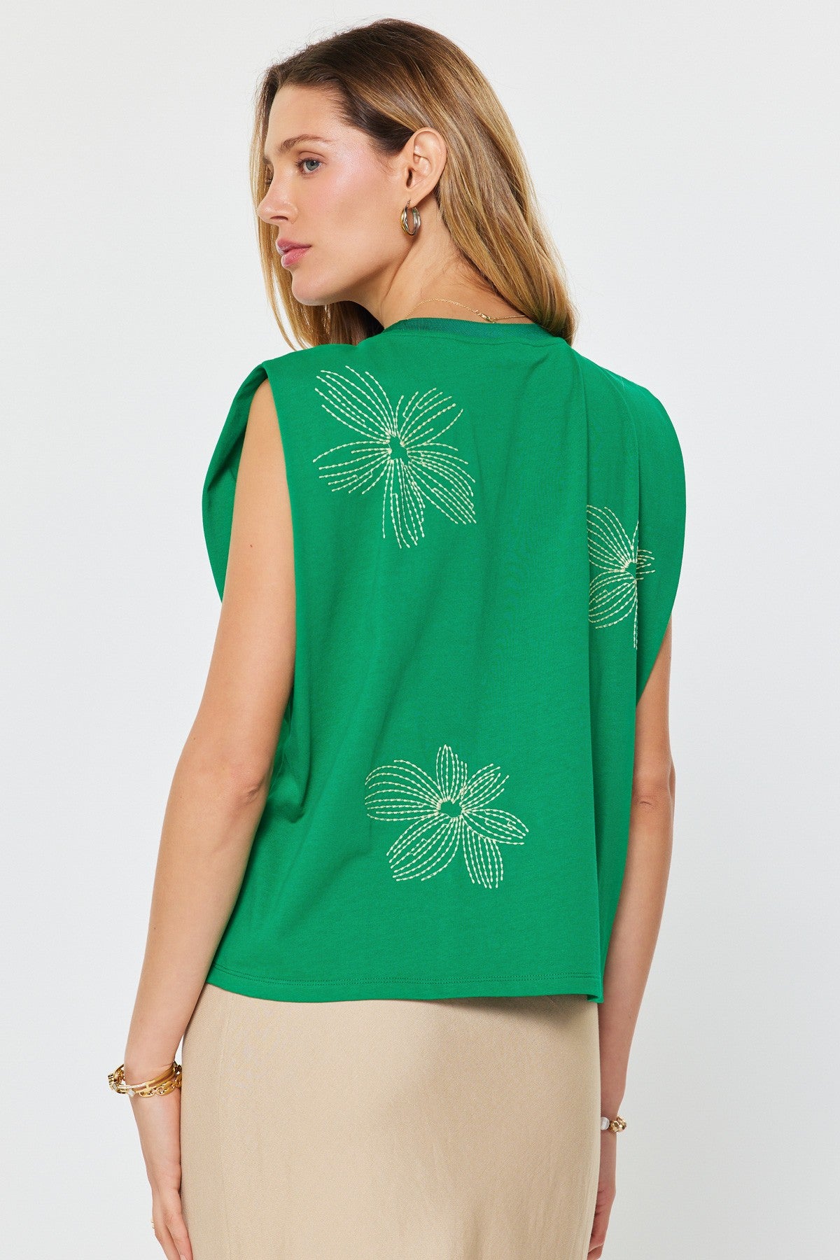 Embroidered Cotton Sleeveless Top Green