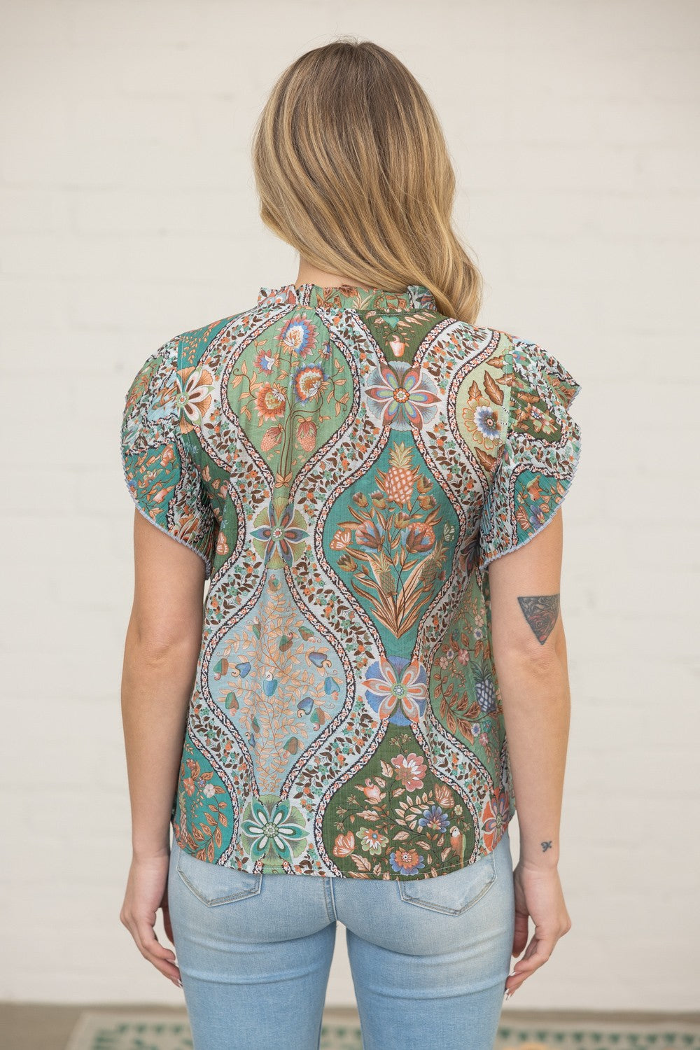 Pleated Sleeve Floral Printed Top