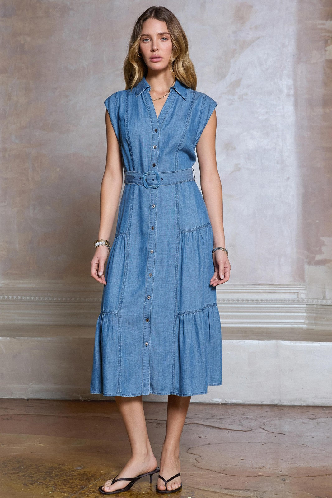 Chambray Tiered Midi Dress