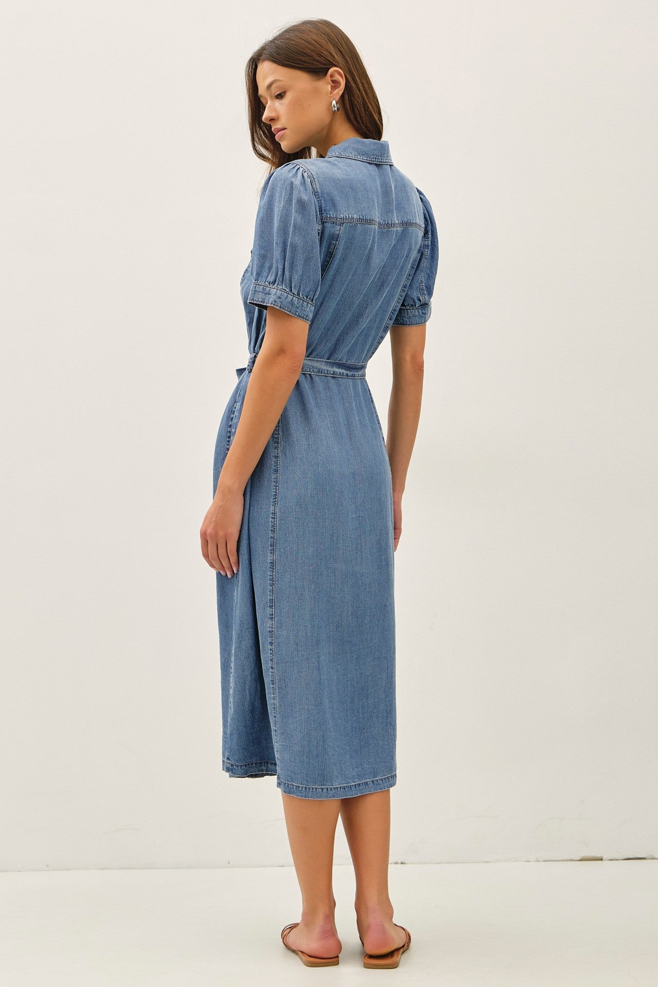 Puff Sleeved Denim Shirt Dress
