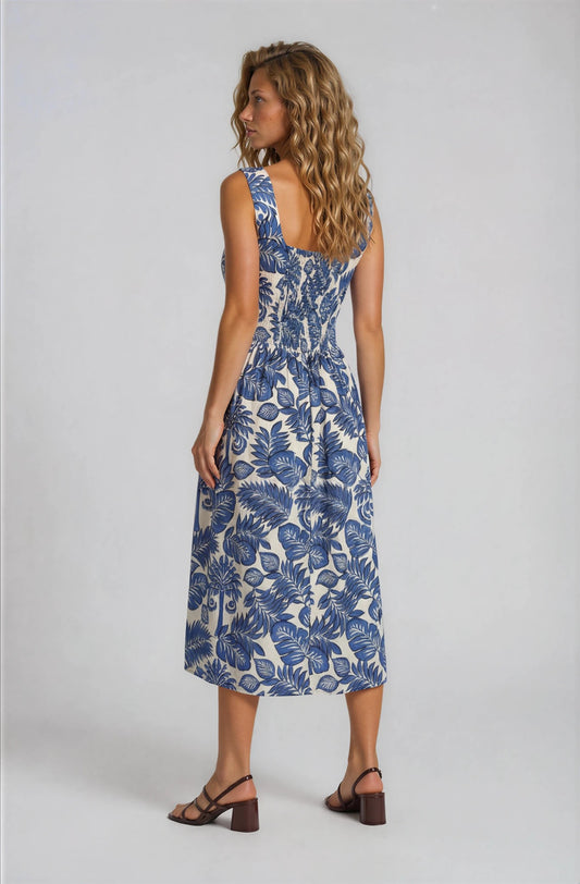 Tropical Print Blue Midi Dress