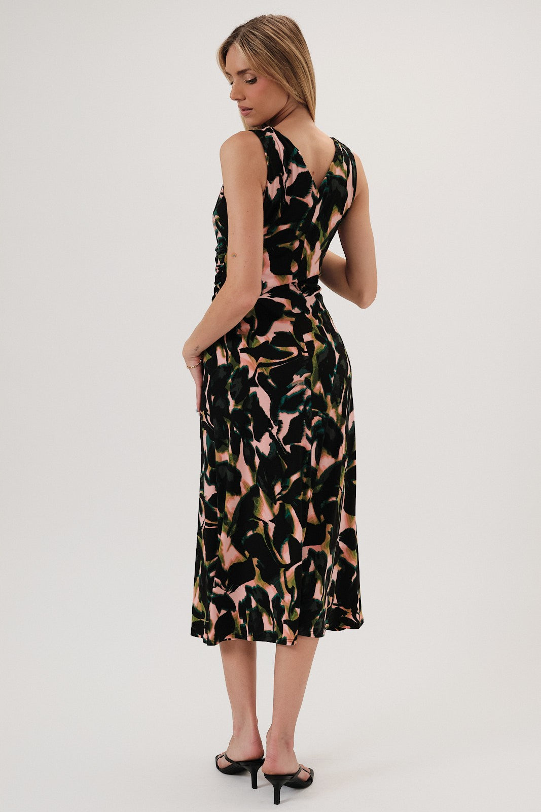 Cowl Neck Sleeveless Ruched Midi Dress