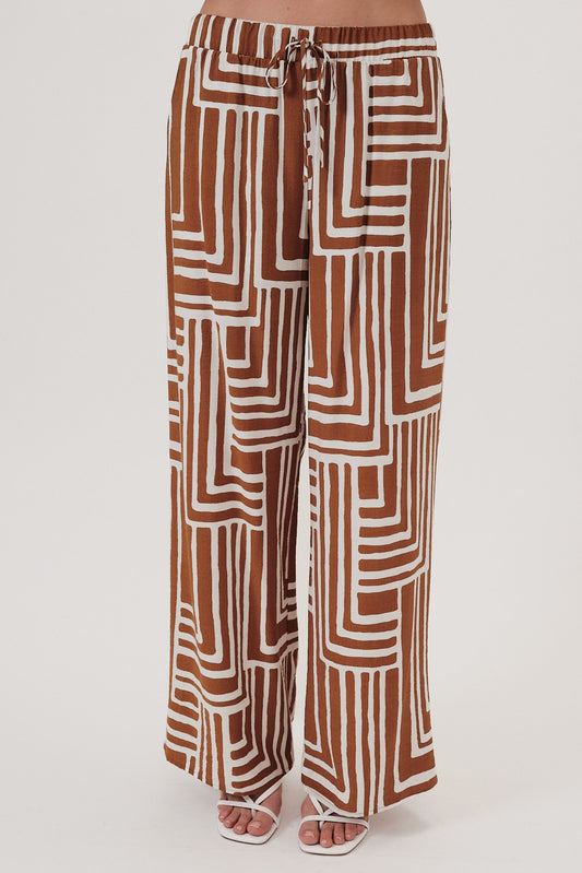 Elastic Waist Tie Geo Print Pants