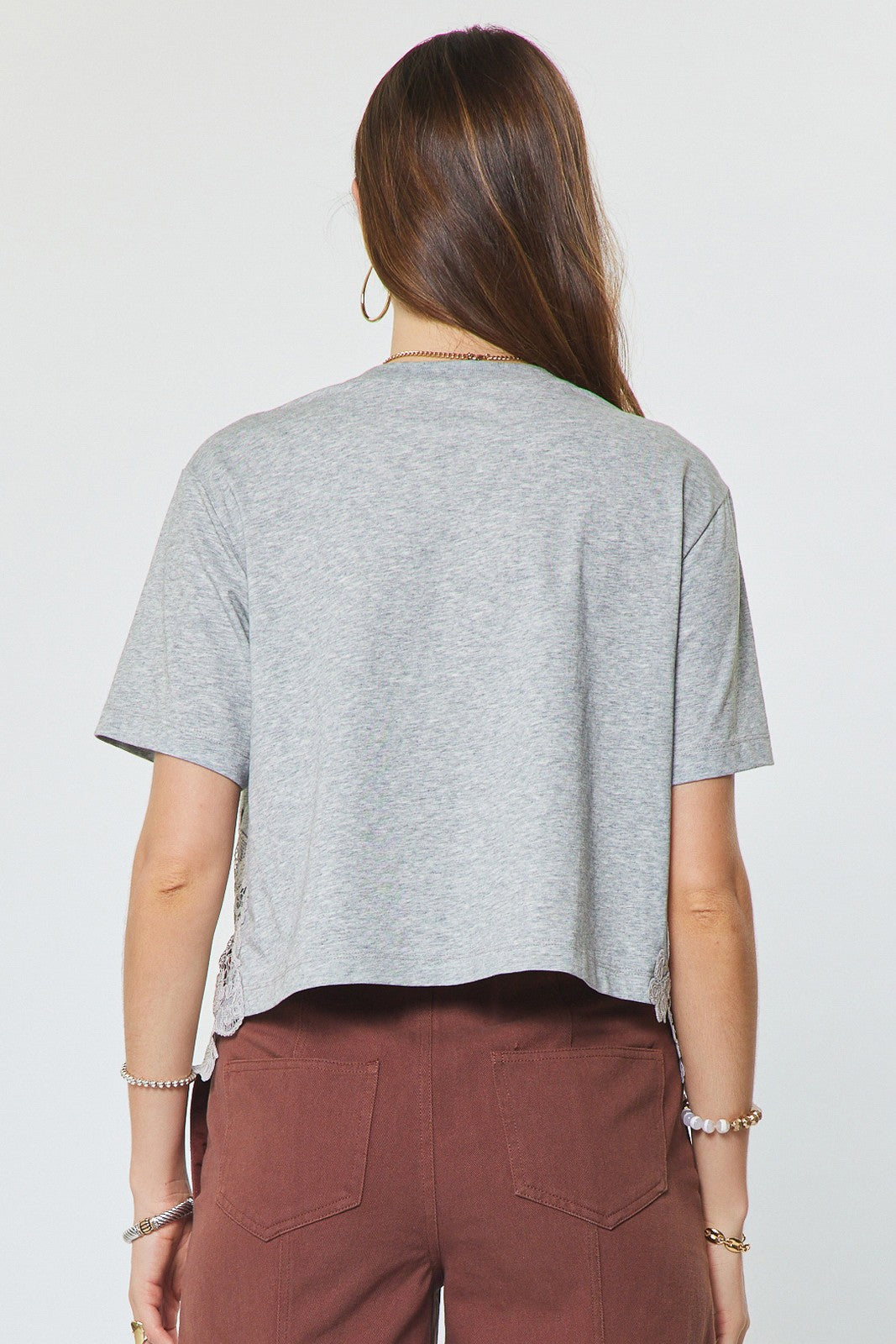 Cotton Blend Lace Hem Cropped Top Heather Grey