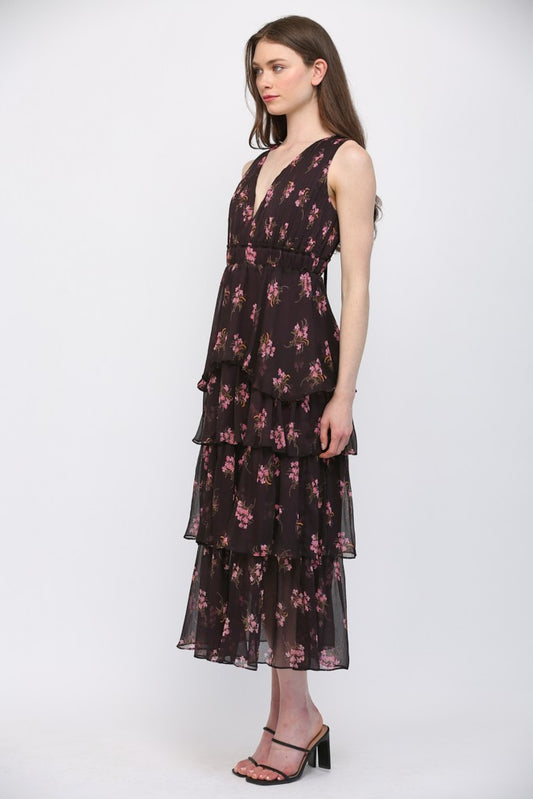 Floral Pleated Bodice Tiered Dress