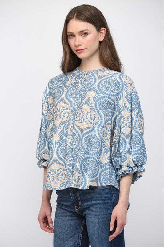 Damask Print Balloon Sleeve Blouse
