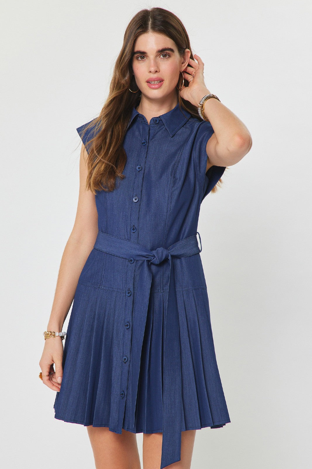 denim pleated dress Button Down Mini – SF Siren Color:Navy/Navy* Pair it with sneakers Garment Pattern_Stripes Good, The Bad &