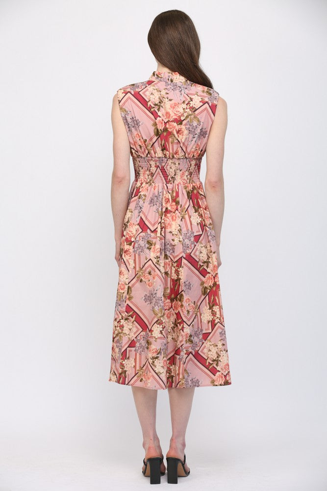 Scarf Print Front Zip Midi Dress