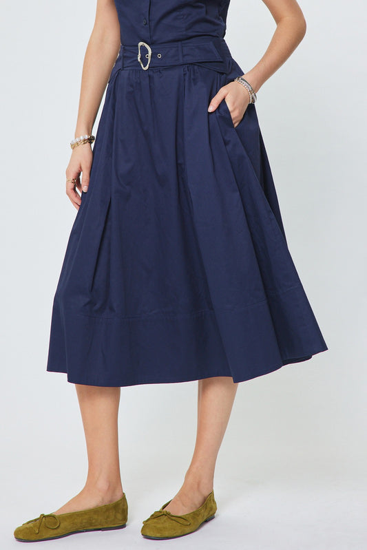 Cotton A-line Midi Skirt with Buckle Belt