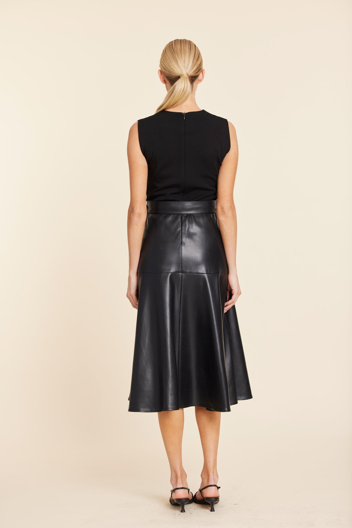 Faux Leather Full Skirt Midi Dress