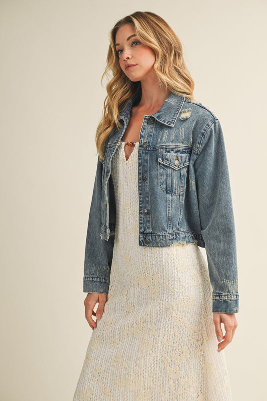 Distressed Cropped Jean Jacket Denim