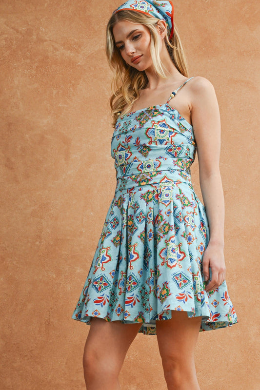Majolica Tile Print Pleated Mini Dress