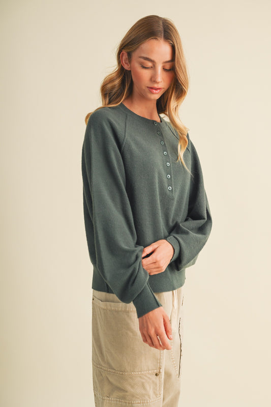 Brushed Knit Henley Raglan Pullover