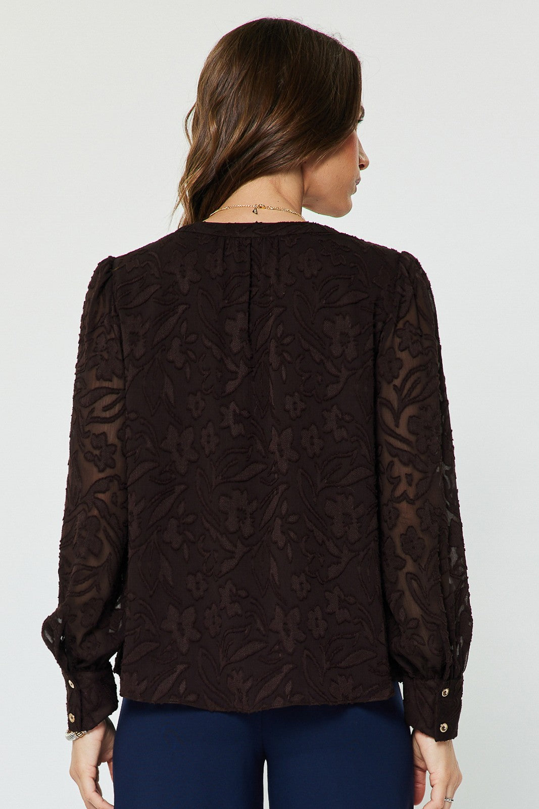 Floral Jaquard Long Sleeve Blouse Brown