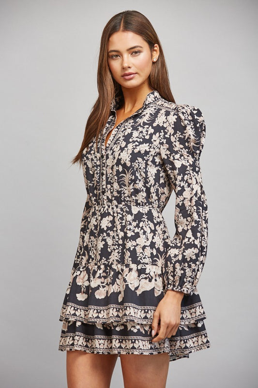 Mock Collar Bishop Sleeve Mini Dress