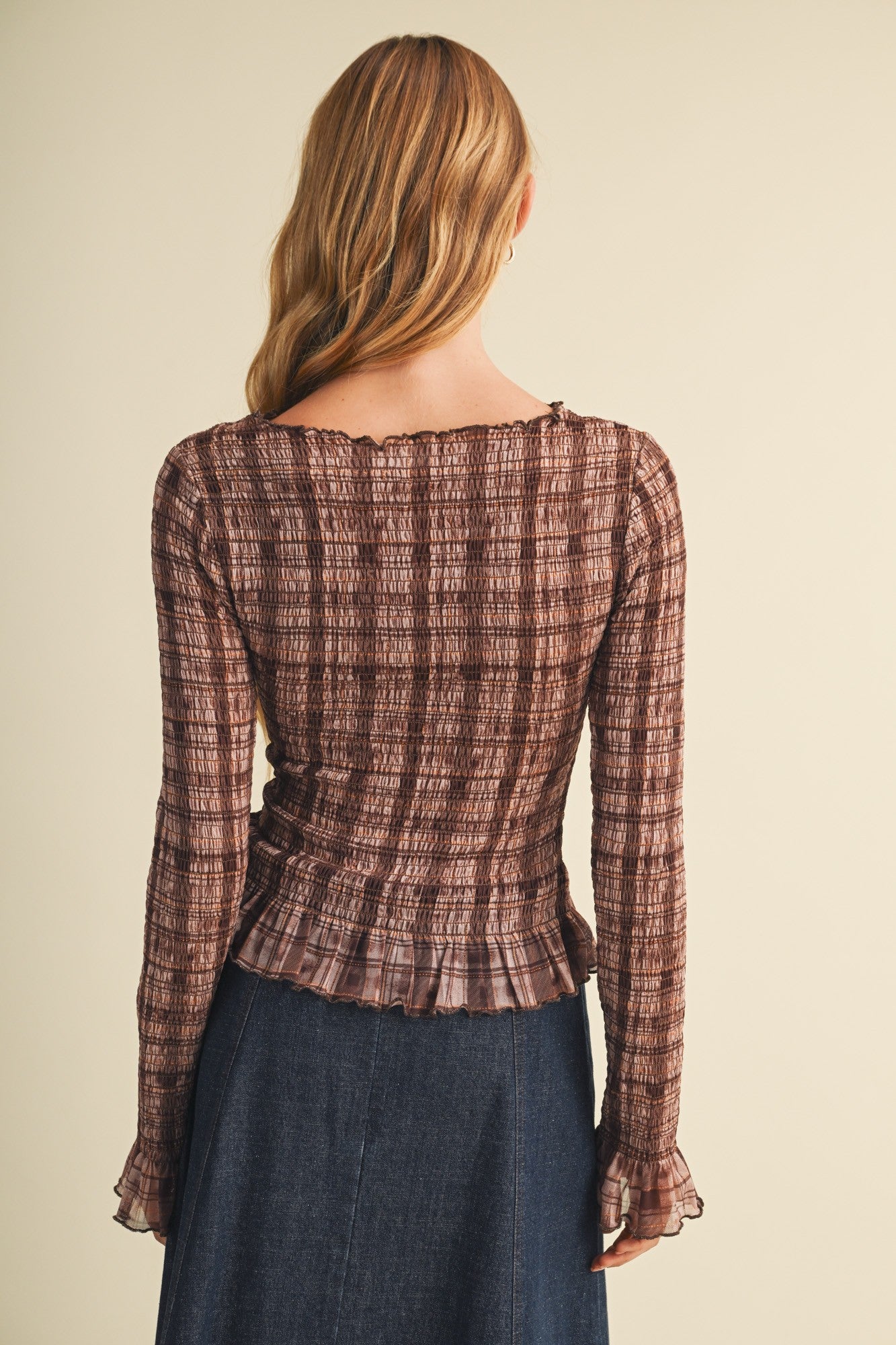 Plaid Knit Shirred Pullover