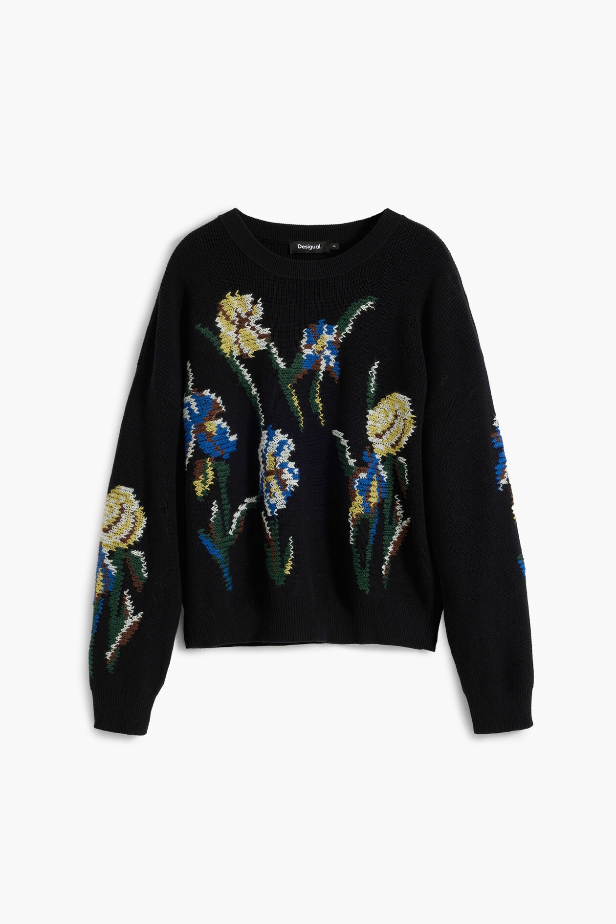 Jacquard Sweater with Embroidered Flowers