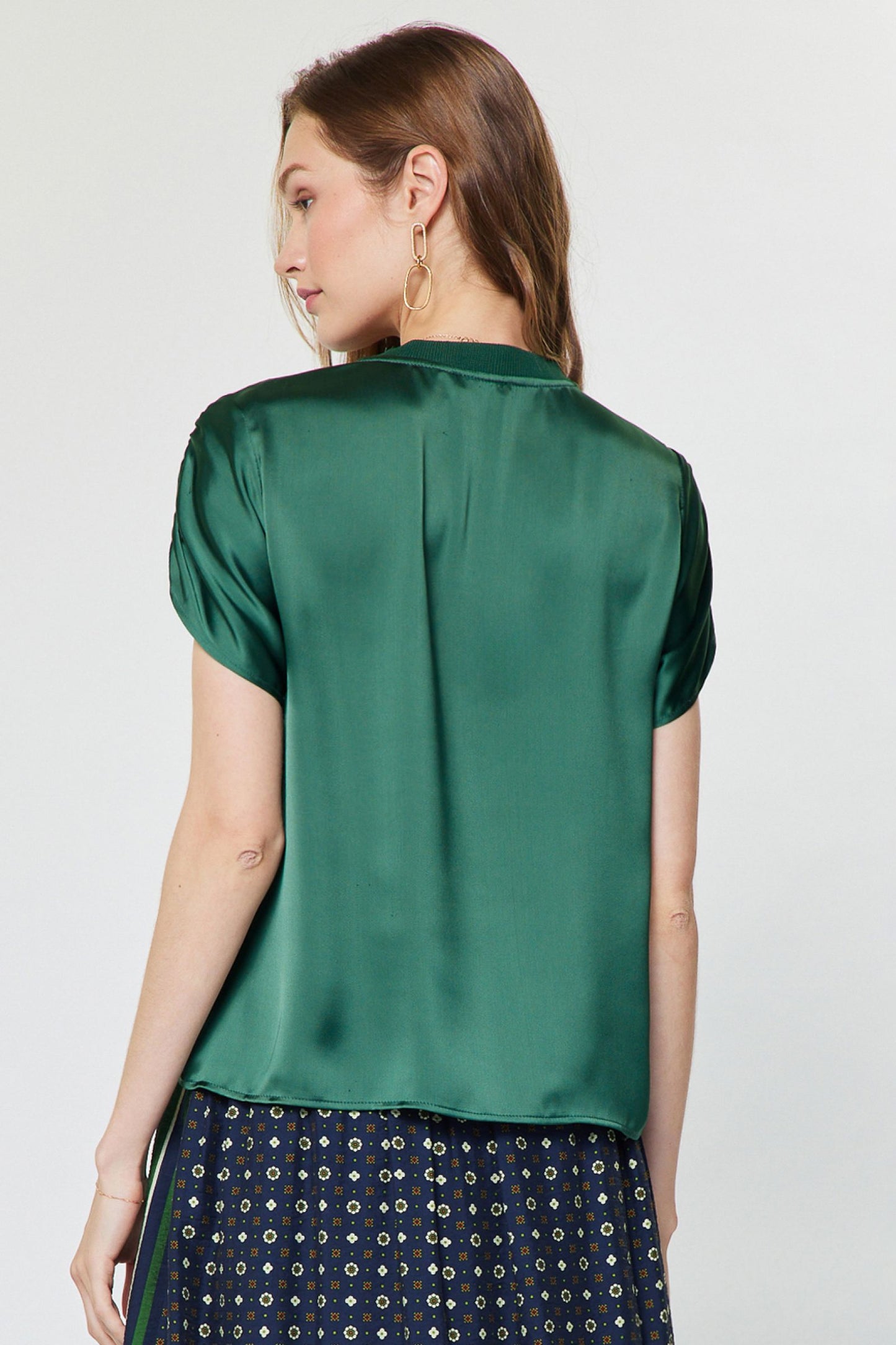 Shirred Sleeve Satin Top Cypress