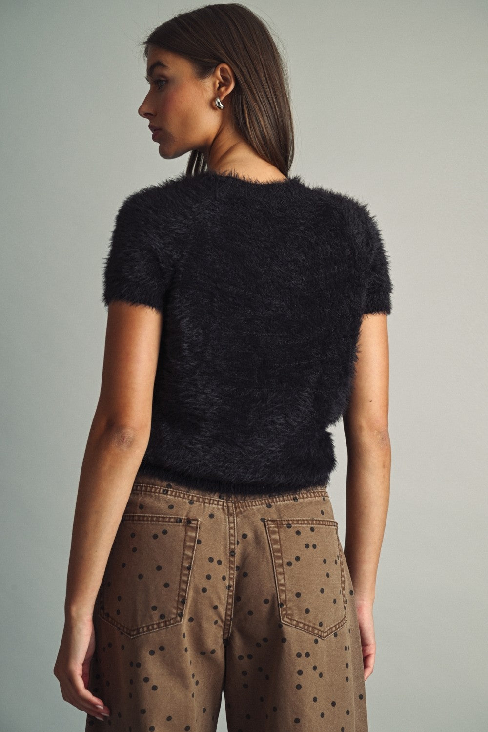 Faux Fur Short Sleeve Sweater Black