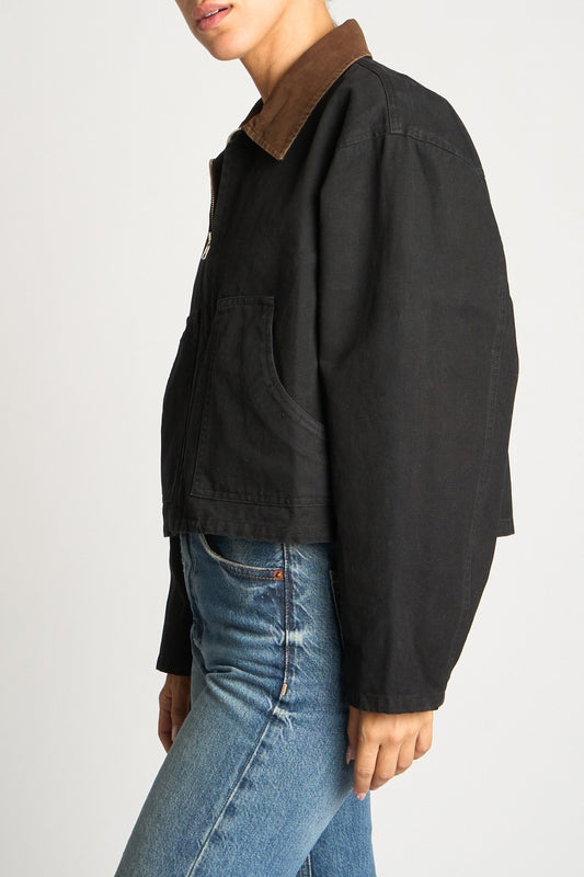 Zip Front Contrast Collar Cotton Jacket Black Brown