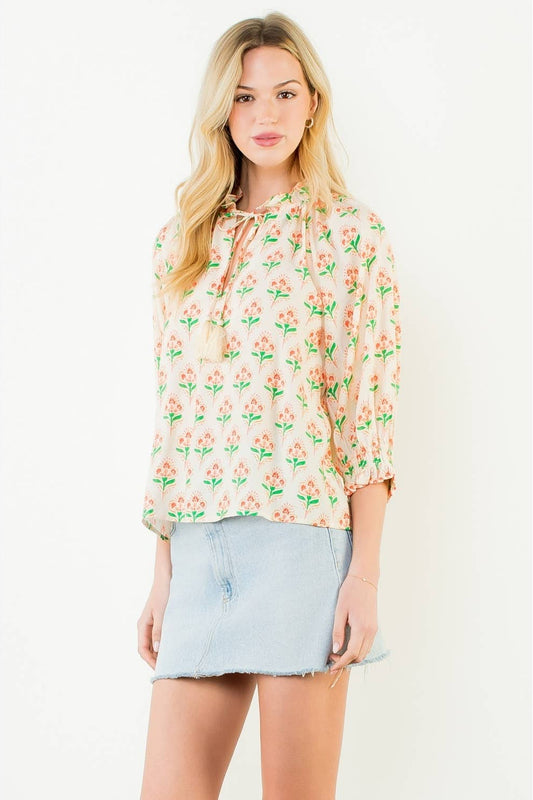 Long Sleeve Floral Pattern Tassel Top
