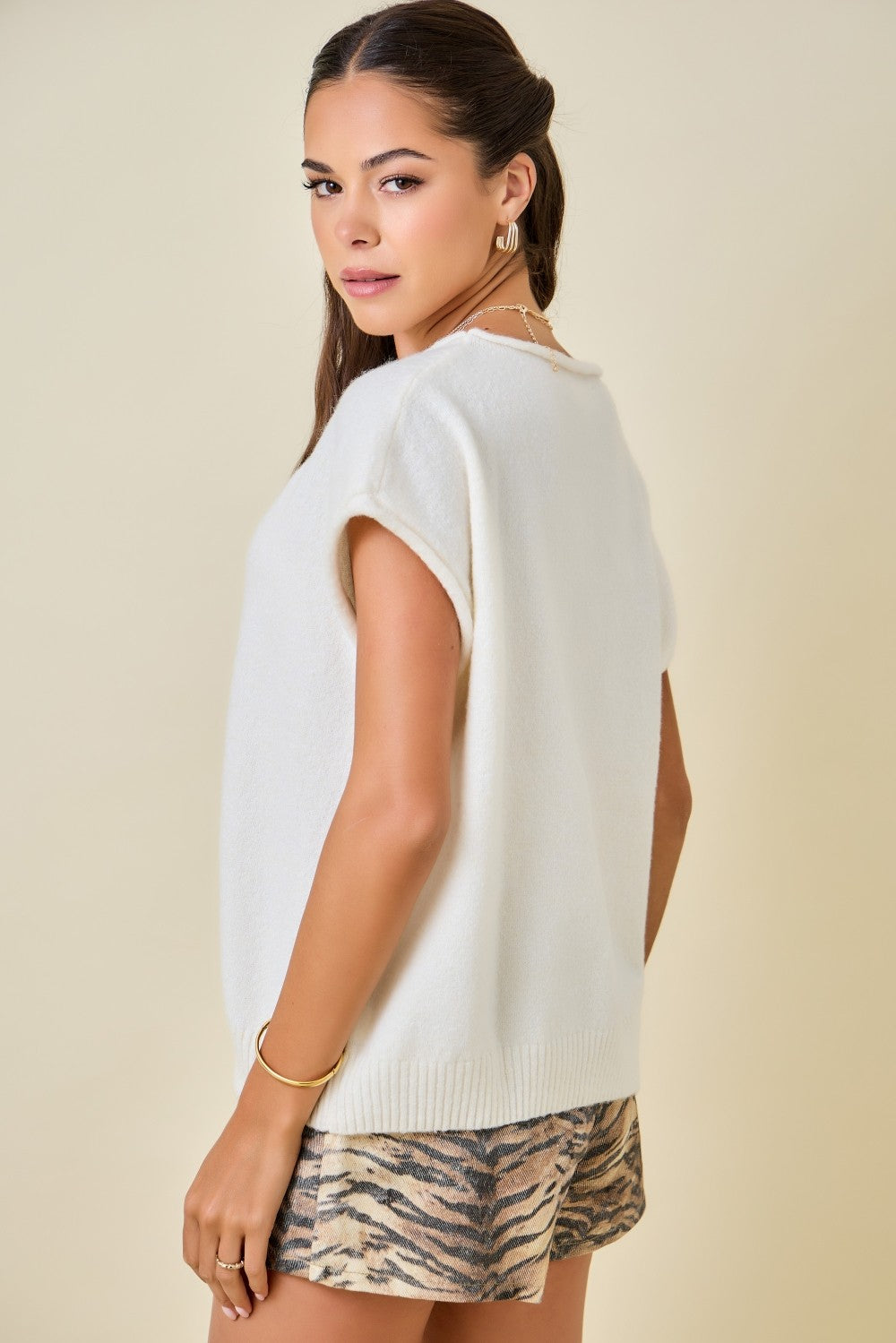Cap Sleeve Sweater Knit Top Ivory