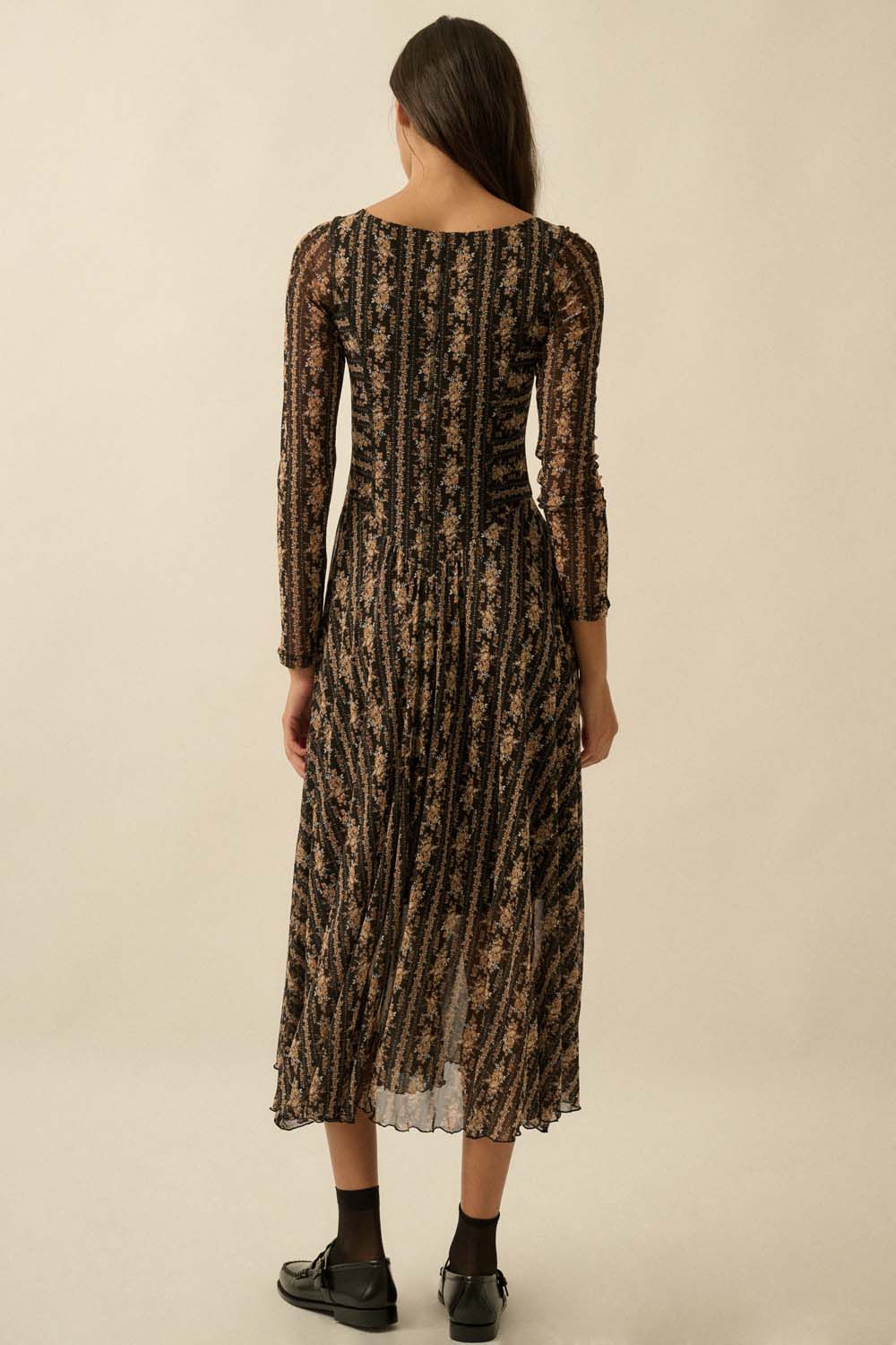 Floral Mesh Long Sleeve Midi Dress