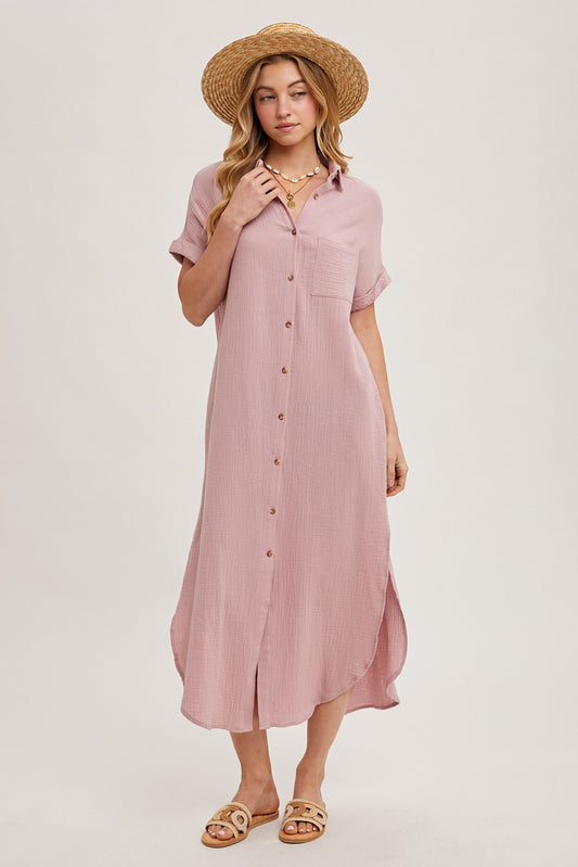 Cotton Maxi Shirt Dress Dusty Pink