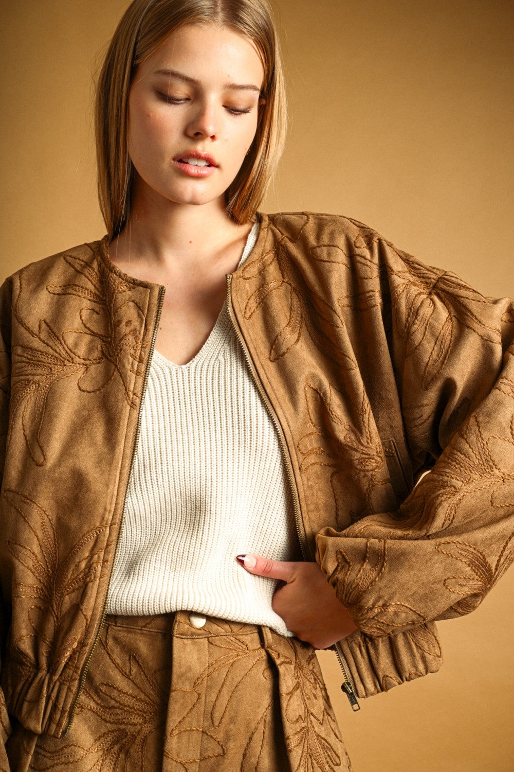 Faux Suede Embroidered Floral Jacket