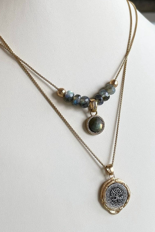 Gold Labradorite Rondelle Hammered Ball Necklace