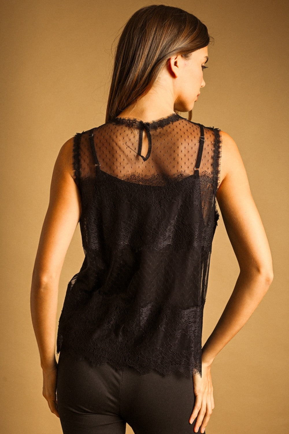 Lace And Sheer Dot Sleeveless Top