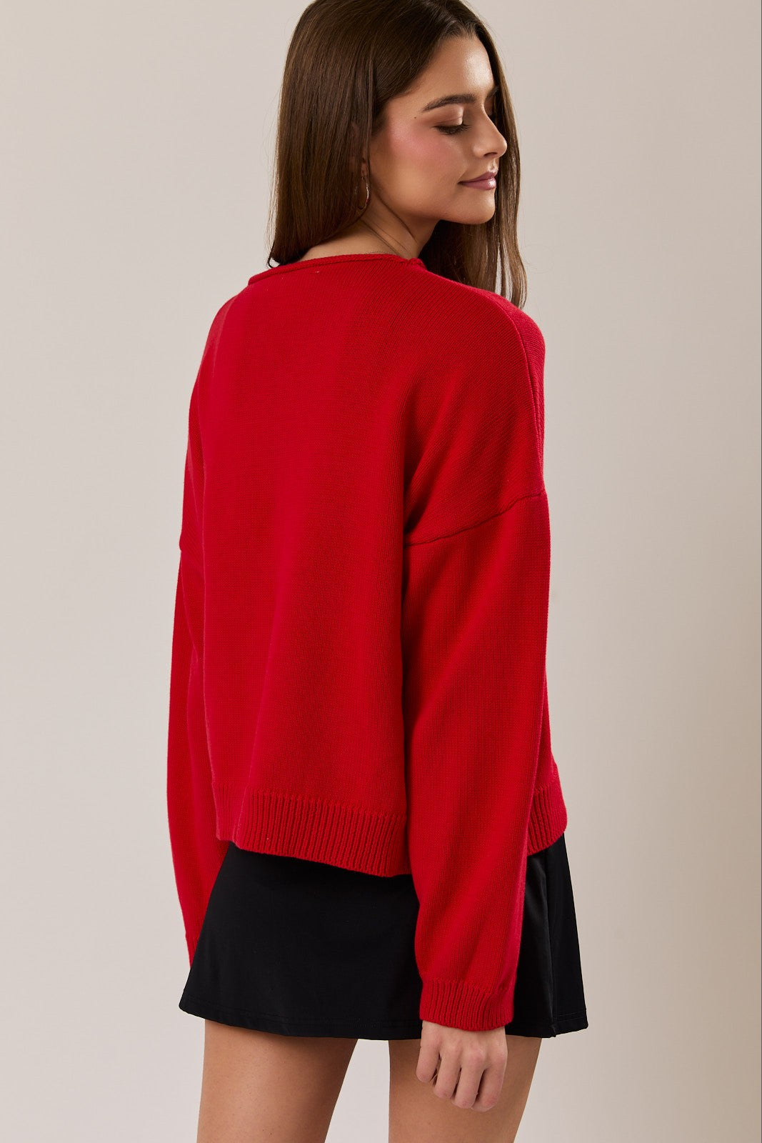 Rolled Neckline Cardigan Red