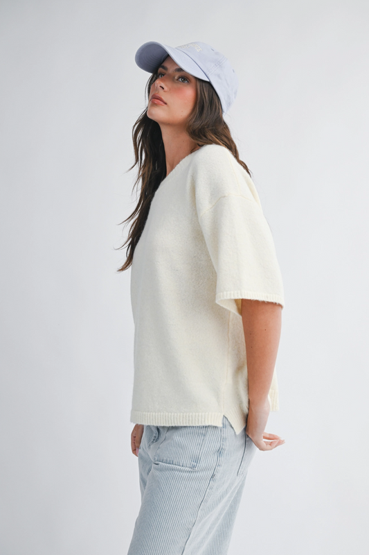Crewneck Short Sleeve Knit Sweater Cream