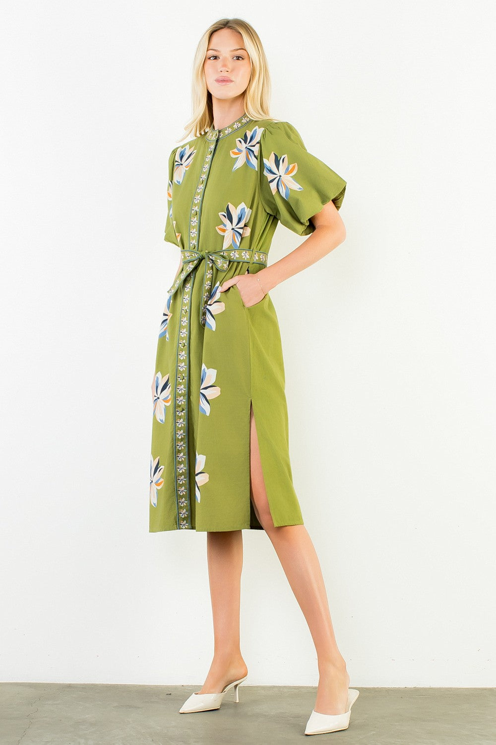 Spatial Blooms Puff Sleeve Midi Dress