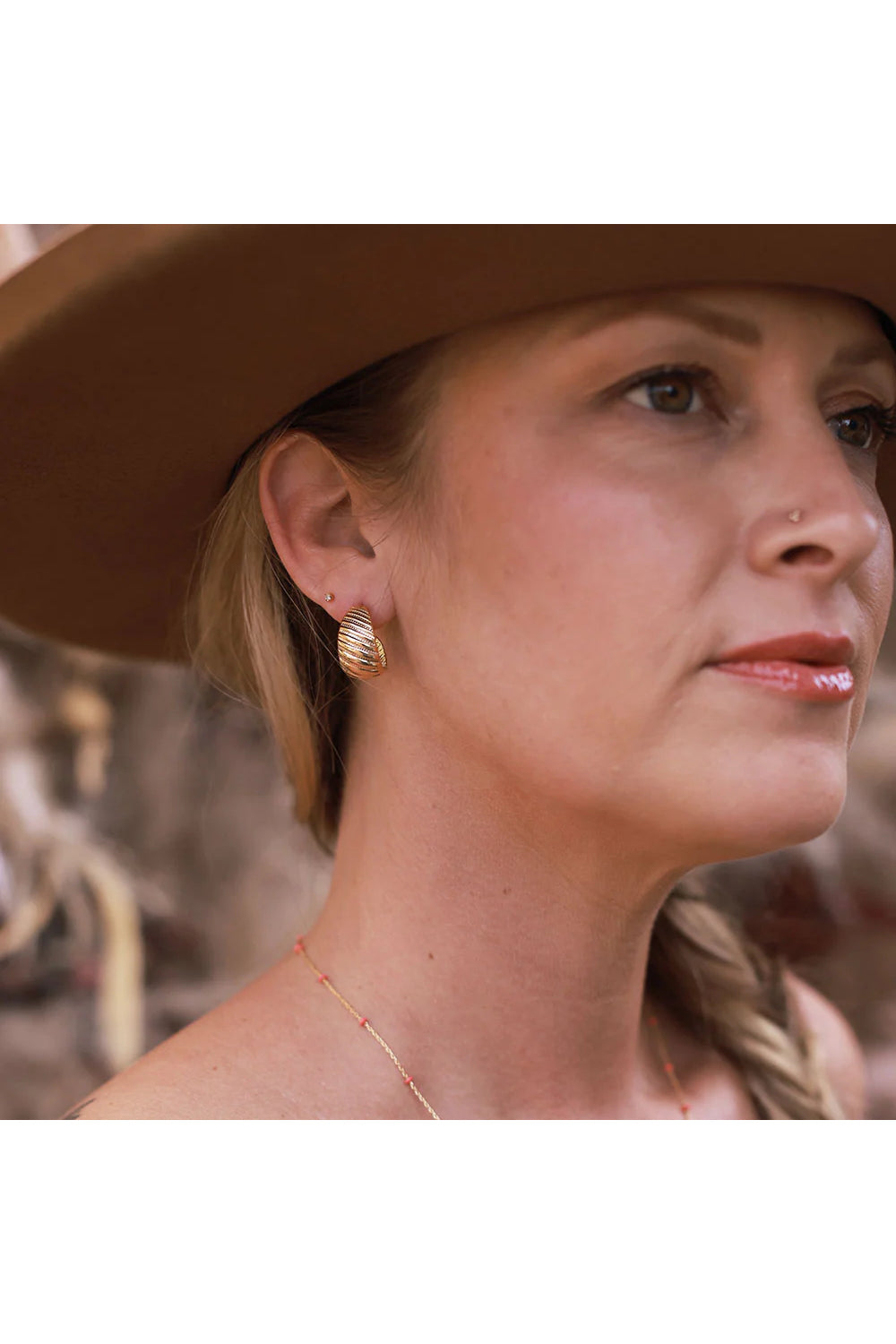 Vintage Beaded Shell Hoop Earrings Gold