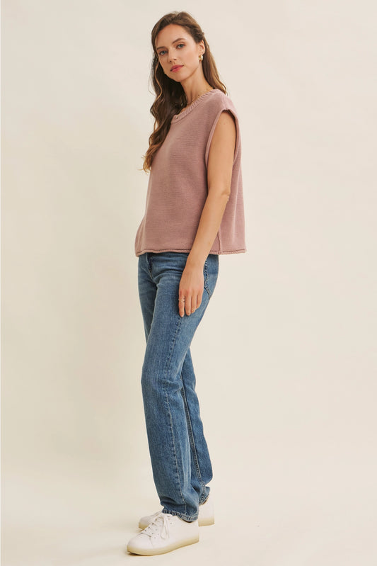 Exposed Seam Sweater Vest Top Dusty Rose