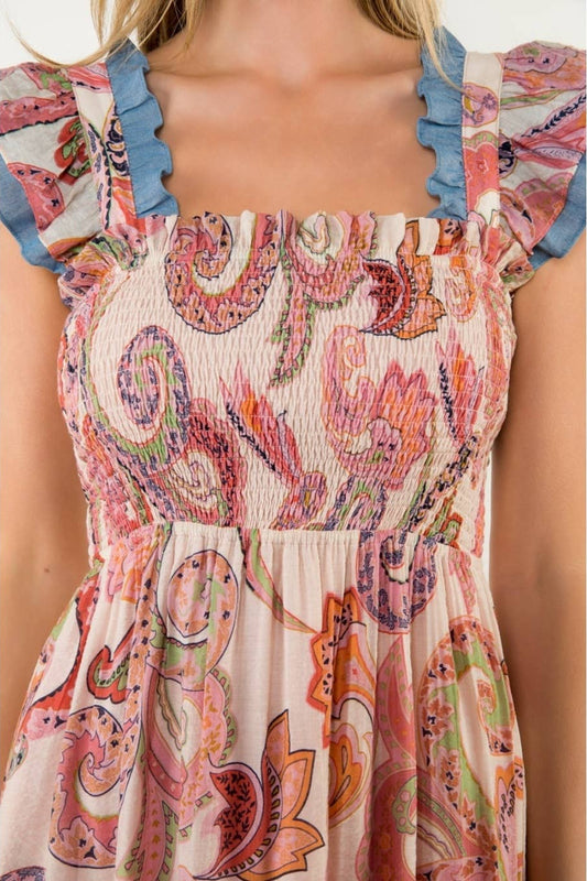 Smocked Flutter Sleeve Paisley Print Dress