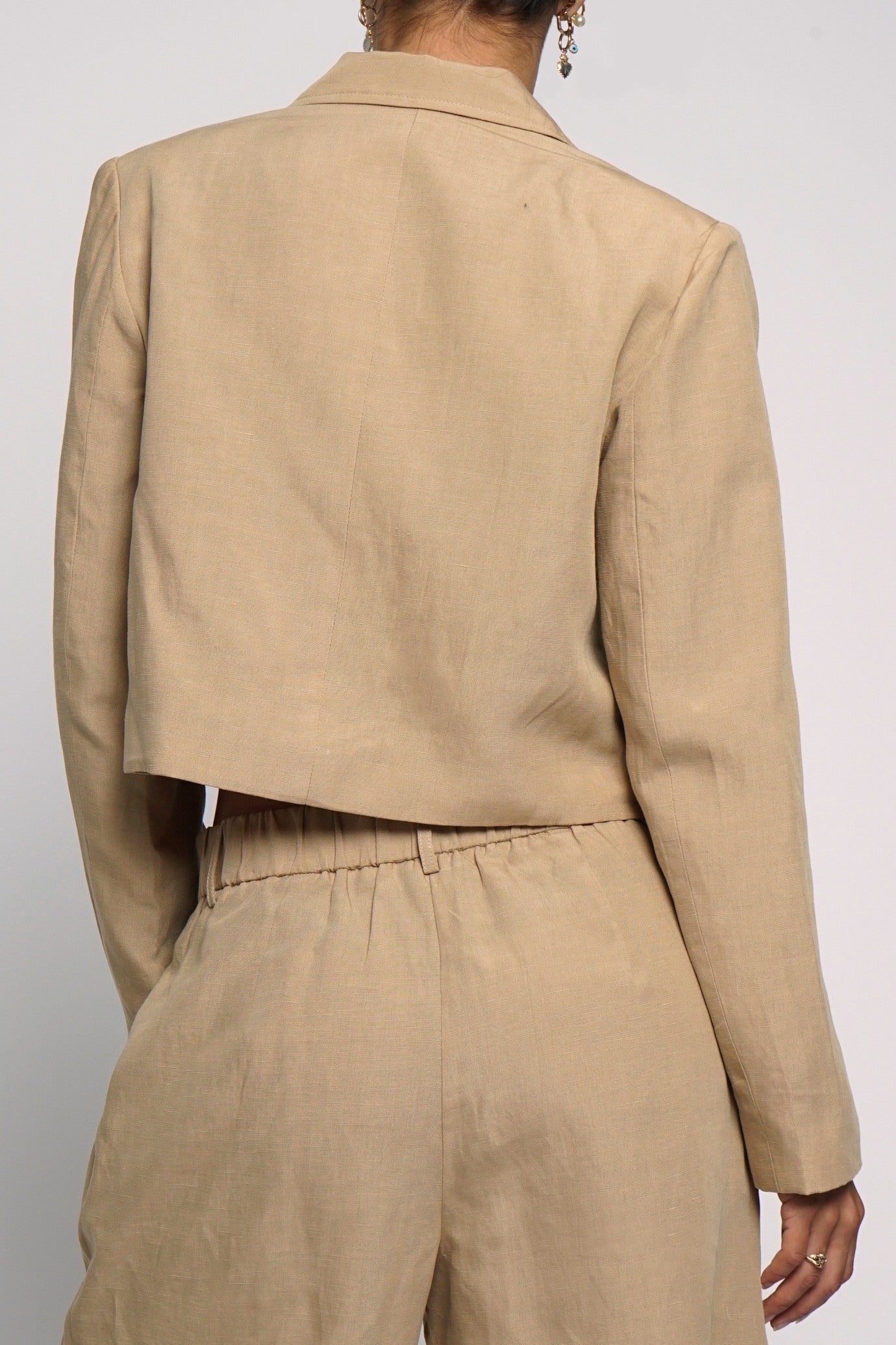 Cropped Boxy Linen Jacket Khaki